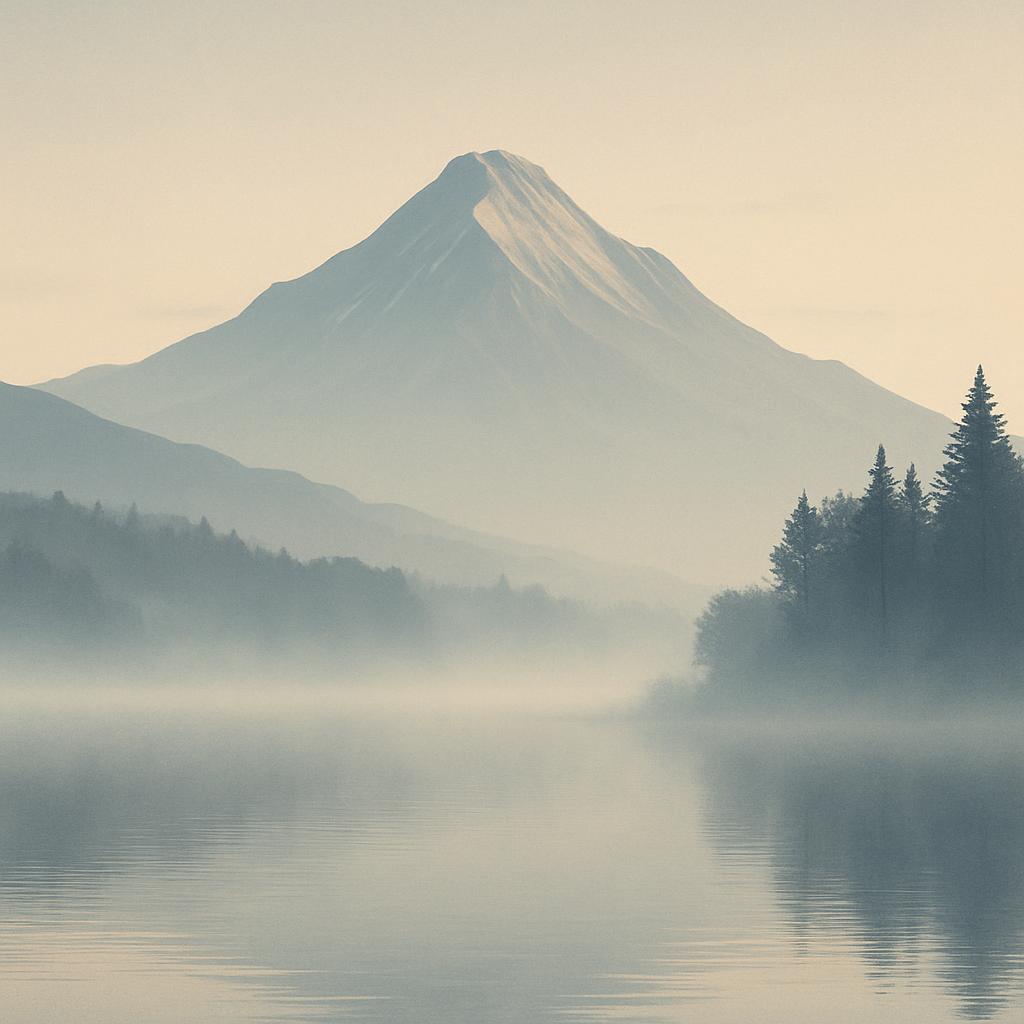 Picture of the foot of a tall mountain. On the left side there is a murky lake. There is almost no sun. The atmosphere is ...